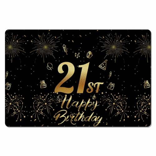 21th Birthday Antifatigue Kitchen Bath Door Mat Cushioned Runner Rug,Washable Welcome Floor Sink Mat,Waterproof & Non-Slip Comfort Standing Doormat for Kitchen,Star Cake Fireworks Golden Black 18