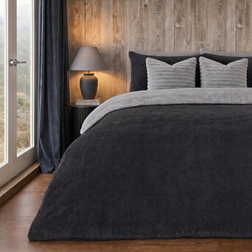 Brentfords Reversible Teddy Fleece Duvet Cover with Pillow Case Supersoft Fluffy Thermal Warm Soft Bear Bedding Set Charcoal Silver Grey - King