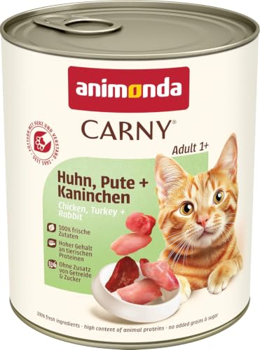 animonda Carny Adult Katzen Nassfutter Huhn + Pute + Kaninchen (6 x 800g) | getreidefreies Katzen Nassfutter ohne Zucker für ausgewachsene Katzen, mit frischen fleischigen Zutaten