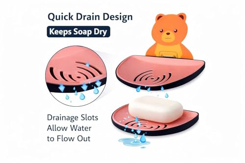 Image of Wall Mounted Self Adhesive Soap Dish with Drain | Plastic Soap Holder for Bathroom, Kitchen Sink & Wash Basin | Kids Friendly Bear Design (Pack of 2, Semi Circle Soap Dish)