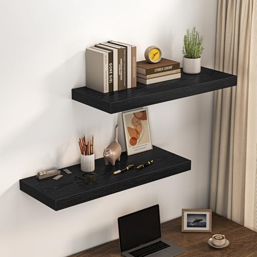 Image of Dreamland 36 inch Floating Shelves for Wall, 12 inch Deep Thicker Black Floating Shelves, Wall-Mounted Shelves for Bedroom, Living Room, Kitchen, Bathroom - Set of 2