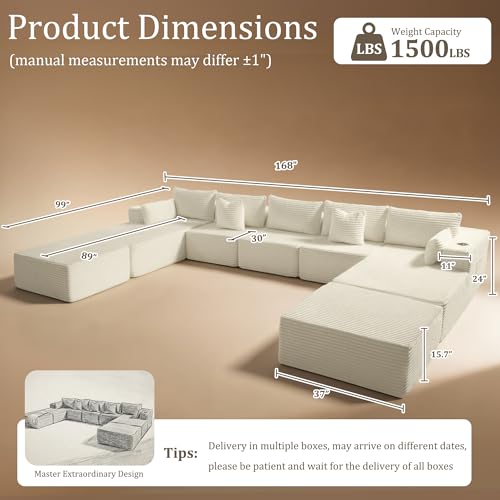 Image of 168 inch Cloud Sectional Couch, Comfort U Shaped Sofa for Living Room, Extra Deep Seats No Assembly, Minimalist Modular Couch, Corduroy (Cream, 9 Seats,U-Shape B)