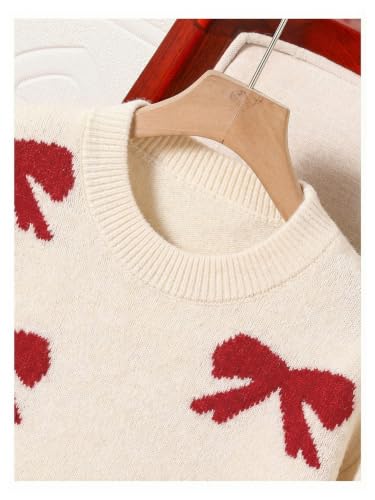 Image of BEAUDRM Girl's Cute Bow Sweater Crew Neck Long Sleeve Drop Shoulder Loose Pullover Tops