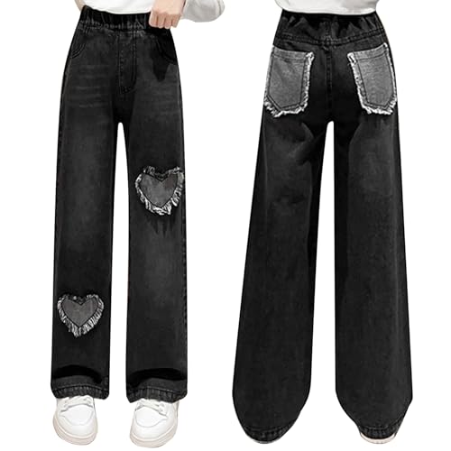 JEYPINMI Ripped Jeans for Girls Elastic Waist Wide Leg Denim Pants Stretchy Washed Trousers with Pockets