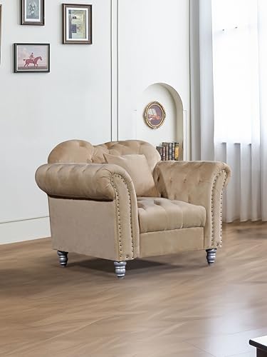 Generico Divano Chesterfield Italiano Poltrona in Velluto Beige – Elegante, Confortevole e Design Moderno per Salotto