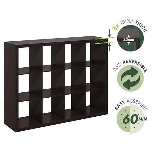 Image of Furinno Cubicle Record Player Stand, 12-Cube Record Storage, Dark Oak | Vinyl Storage, 1.68 inchInch Triple Thick, Open Back Media Shelf for CD DVD Bluray Game Disc, for Living Room, Home Office