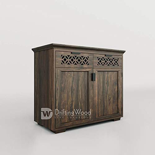 Image of DRIFTINGWOOD Solid Sheesham Wood Sideboard Tv Cabinet for Living Room | Free Standing Movable Tv Unit Side Board Table with 2 Drawer & 2 Door Cabinet Storage Furniture for Home | Walnut