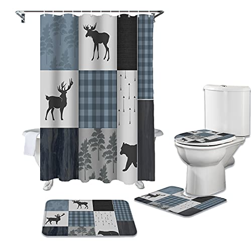 Invisiblewings 4 Pcs Shower Curtain Sets With Rugs, Farm Bear Moose And Forest Vintage Style Bathroom Sets, Waterproof Non-Slip Shower Curtain U-Shaped Rug Bath Mat Toilet Lid Cover And 12 Hooks #TOP1