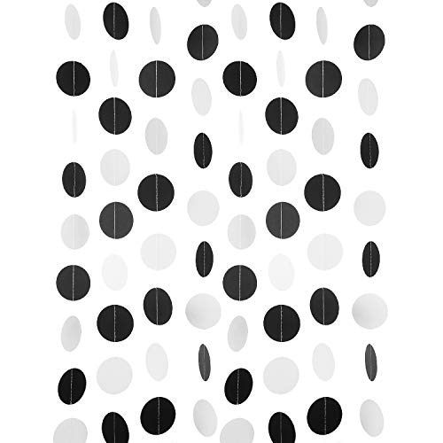 WEVEN Black and White Paper Garland Circle Dot Party Garland Banner Streamer Backdrop Hanging Decorations, 2' in Diameter, Pack of 3, 30 Feet in Total