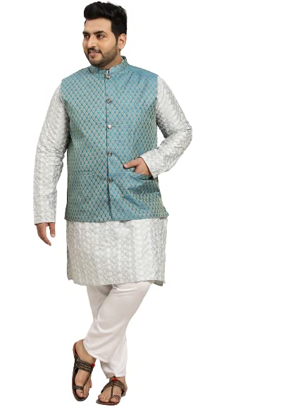 Sojanya Men's Silk Blend Light grey Embroidered Kurta & Self Design Nehru jacket With White Churidar Set