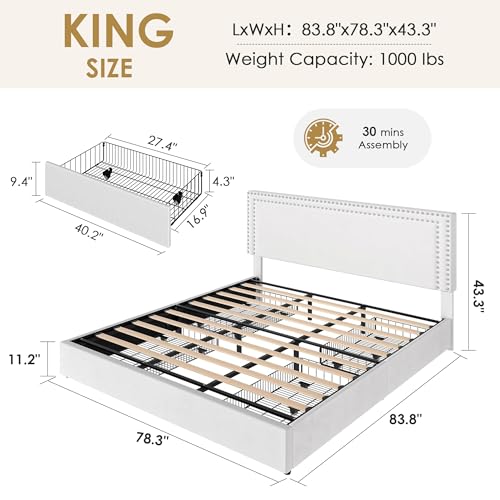 Image of VECELO King Size Upholstered Bed Frame with 4 Storage Drawers, Adjustable Velvet Rivet Decor Headboard, Wooden Slats Platform Support, No Box Spring Needed, Easy Assembly,White