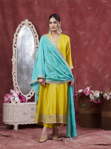 Image of MOKOSH Women's Silk Embroidery Anarkali Kurta Pant with Dupatta | Anarkali Kurta Set |Embroidered |V Neck Full Sleeve Ethnic Suit |3 Piece Outfit