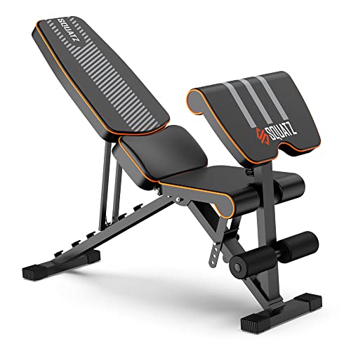 SQUATZ Adjustable Workout Bench - Multi-Purpose and Foldable Bench for High-Intensity Exercises, with Non Slip Foot Caps, Six Angle Adjustment Backrest, Preacher Curl, Can support up to 440lbs
