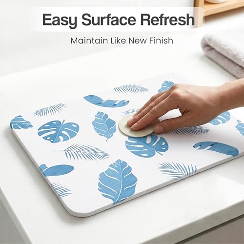 Image of Yellow Weaves Printed Stone Bath Mat, Diatomaceous Earth Shower Mat, Non-Slip Super Absorbent Quick Drying Bathroom, Kitchen Floor Mat, Easy to Clean (45x35 cm-Sandstone) Tropical Leaves, Blue