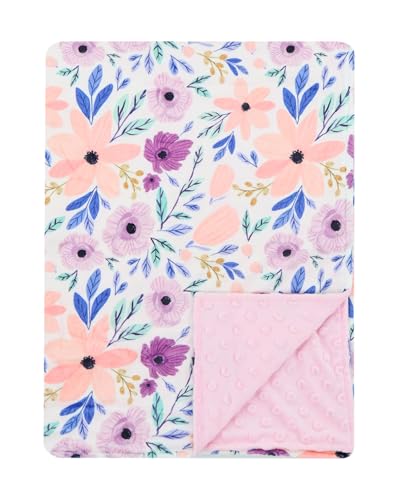 Image of Baby Plush Mink Blanket Double Layer with Dotted Backing for Baby Girl or Baby Boy (Purple and Pink Floral)