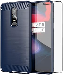 Asuwish Phone Case for OnePlus 6 with Tempered Glass Screen Protector Cover and Slim TPU Cell Accessories Protective OnePlus6 A6000 One Plus6 1 Plus 1plus Six One+ 1+ 6 Women Men Carbon Fiber Blue