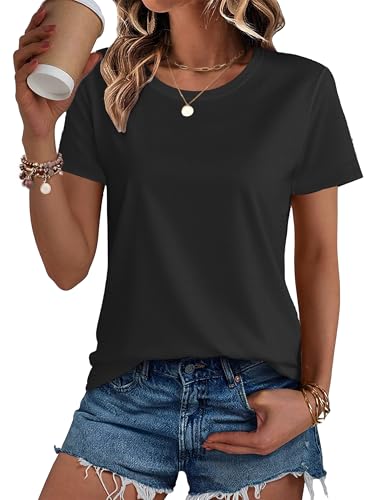 SMENG Ladies Crewneck Cotton Shirt Classic-Fit Tops Short Sleeve Tshirt Casual Moisture-Wicking Basic Tee Black L