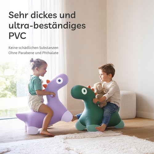 Quut Hoppi Dino Springen – Aufblasbares Gartenspielzeug für Kinder – Robustes Spielzeug für Draußen und Drinnen ab 18 Monaten (Lavendel) – Inklusive Pumpe