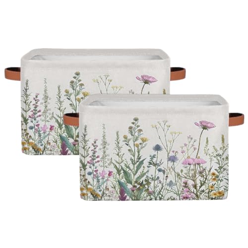 Image of Wildflowers Plants Storage Baskets for Organizing, Fabric Collapsible Storage Bins Box Spring Esthetical Decorative Toy Organizer Baskets for Closet Shelves Gift Basket 2Pcs