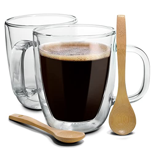 Mainstream Source Glass Coffee Mugs – Double Wall, Insulated Glass Coffee Mug Set, With Durable Handles & 2 Wooden Spoons, Use As Cold Or Hot Coffee Mug, Tea Mug, & More, Holds 13.5Oz (Set Of 2) #TOP28