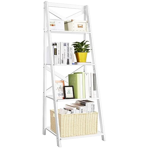 HOMASIS Estantería de Escalera para Libros con 4 estribos, Expositor, Soporte para Plantas, portaobjetos Multifuncional de Madera para Spgdía, Dormitorio, 50,7 x 46 x 142,5 cm (1, Blanco)