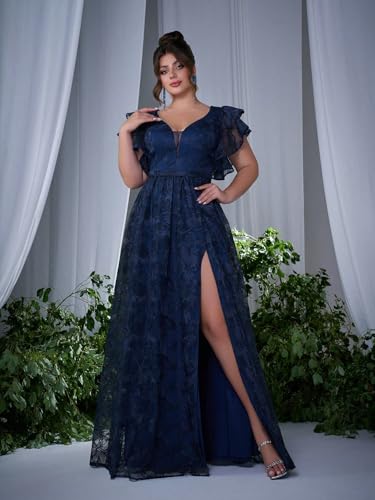 Women's Plus Size V Neck Ruffled Sleeve Embroidered Lace Maxi Dress with High Slit Formal Evening Gown for Weddings2