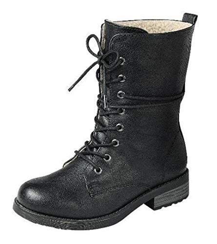 Womens Combat Boots Military Lace Up Foldable Fur Lined, Black, 8
