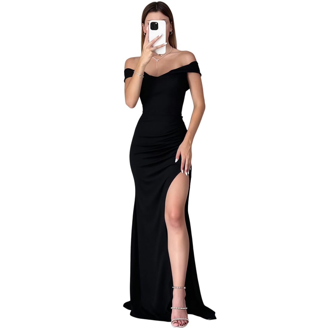 Vestido de Noche para Mujer Sexy Maxi Vestido con Hombros Descubiertos Elegante Vestidos Largo con Abertura Vestidos de Fiesta Ajustado Bodycon para Cóctel Club Invitada Boda Ceremonia