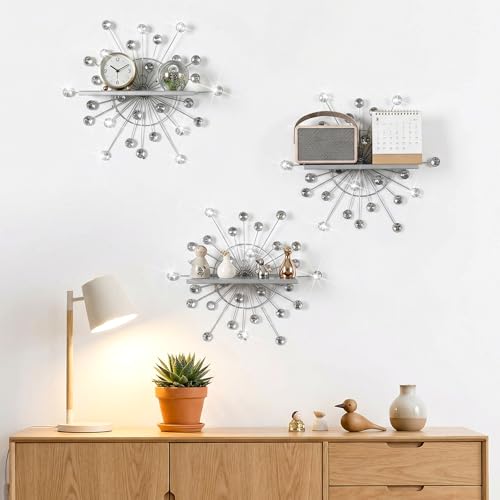 Image of Yaocom 3 Pcs Crystal Floating Shelves, Bling Sparkle Metal Starburst Wall Decor Shelves, Silver Wall Mounted Storage Shelf for Bedroom Bathroom Living Room Kitchen Office
