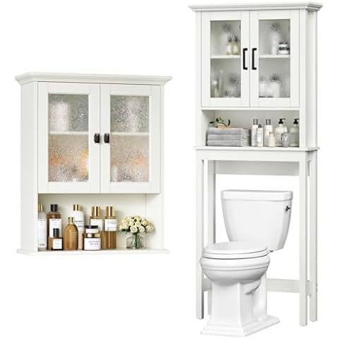 Bathroom Cabinet Wall Mount with Glass Door Build-in Spirit Level Cupboard Hanging Cabinet for Bathroom Laundry Kitchen Living Room Cover