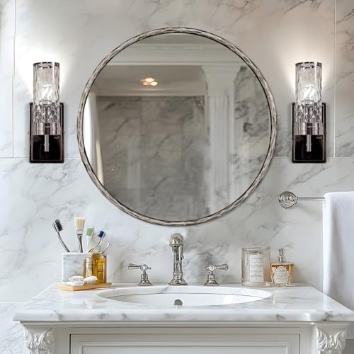 Image of ANDY STAR 36 Inch Hand-Forged Round Mirrors with Metal Frame, Silver Solid Steel Hammered Round Wall Mirrors, Antique Circle Mirror for Bathroom, Vanity, Metal Frame, Anti-Rust, Vintage