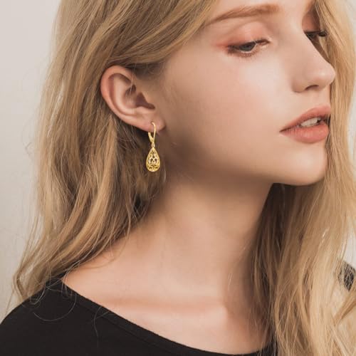KECHO 14K Solid Yellow Gold Filigree Earrings Teardrop Drop Dangle Leverback Dangling Earrings Jewelry Gift for Women2