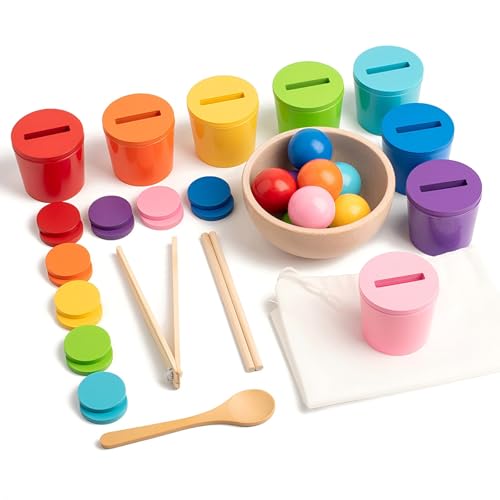 Image of Ball in Cups Toddler Montesssori Toys for 1 Years Old, Rainbow Color Sorting Toy Coin Box Matching Game, Wooden Learning Color for Baby Toddler Age 1-3, Fine Motor Developmental Infants Sensory Toy