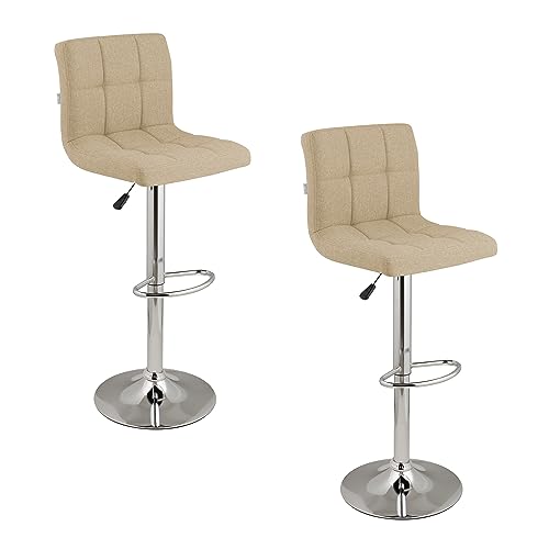 Baroni Home Juego de 2 Taburetes de Bar o Cocina de Tejido Acolchado, Ajustable y Giratorio De 360°, con Respaldo y Reposapiés, Estructura de Acero Cromado, Color Beige de Tejido