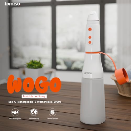 Image of Lorazzo WOGO Portable Jet Spray | Battery Operated Bidet Sprayer | Type-C Rechargeable | 290ml Refillable Bottle | Adjustable Water Pressure | Compact Travel Hygiene Cleaner | Handheld Personal Bidet | 2 Year Warranty
