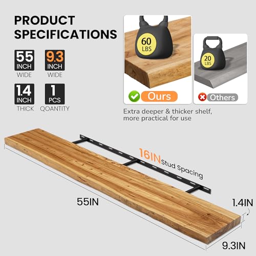 Image of Floating Shelves for Wall, 55 inchx9.3 inch Rustic Solid Live-Edge Elm Wood Wall Shelves, Heavy-Duty Floating Shelves with Invisible Brackets for Living Room, Bedroom, and Kitchen, Natural Finish