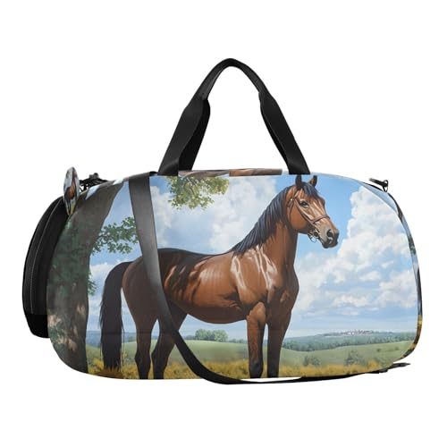 Duffle Bag for Boys or Girls with Shoes Compartment, Horse Sunflower Sky Sports Travel Bag Overnight2