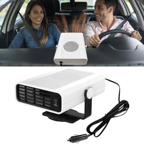 Car Heater, 12V 150W Fast Heating Windshield Defogger and Defroster, 2 in 1 Portable Heating & Cooling Fan, 360° Rotatable Heater with Plug-in Cigarette Lighter (White)