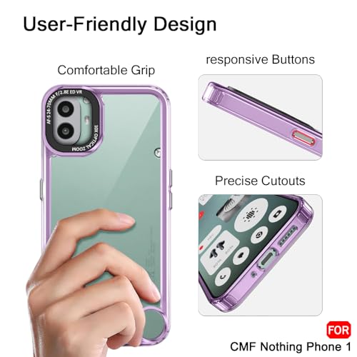 Image of TheGiftKart Hybrid Shockproof Back Cover Case for Nothing CMF Phone 1 5G | Stylish Camera Border | Electroplated Buttons | Crystal Clear Hard Back Cover Case (TPU & PC, Purple Bumper)