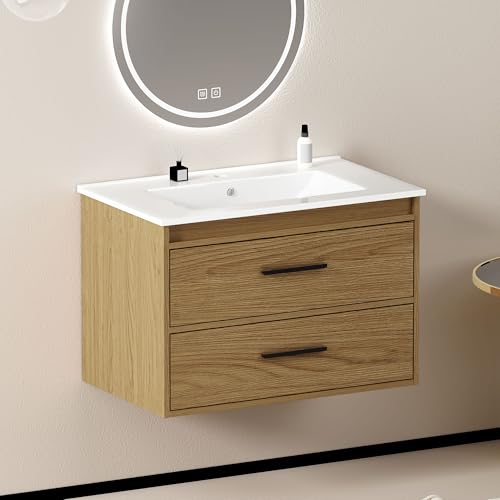 STAPERFO Armario para debajo del lavabo de 75 cm, roble claro con lavabo de cerámica y 2 cajones, armario de baño colgante de pared con cierre suave, ideal para inodoro de invitados y baño pequeño