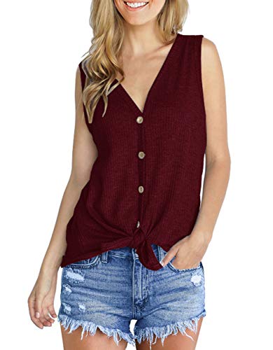 Image of IWOLLENCE Womens Loose Henley Blouse Sleeveless Button Down T Shirts Tie Front Knot Tops