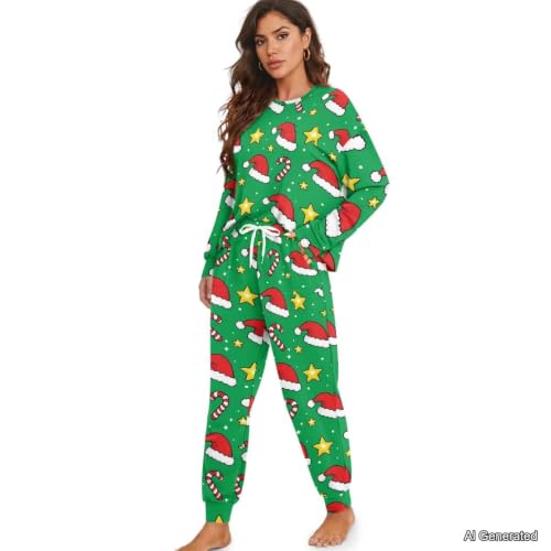 Image of Womens Lounge Set Long Sleeve Soft Pajama Sets | Casual 2 Piece Pj Outfit, Crewneck Sleepwear with Pockets, Adjustable Drawstring, Soft Comfy Fall Pajamas, Plus Size