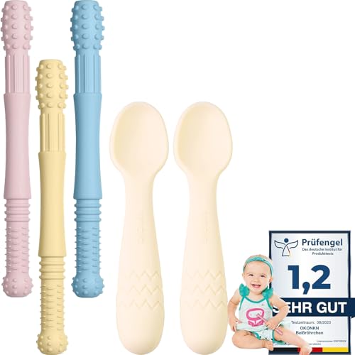 Beißröhrchen Zahnungshilfe Beißring esslernlöffel Silikon 5 Stück Zugelassene Greifling (5 Stück-E)