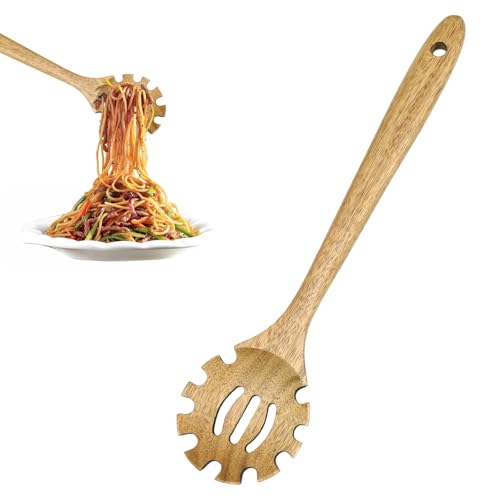 Cuillère à spaghetti CHSEROK 33 cm, cuillère à pâtes en bois d'acacia, cuillère de cuisine dentelée personnalisée, cuillère à pâtes avec système d'accrochage, pour les pâtes, les œufs et les raviolis