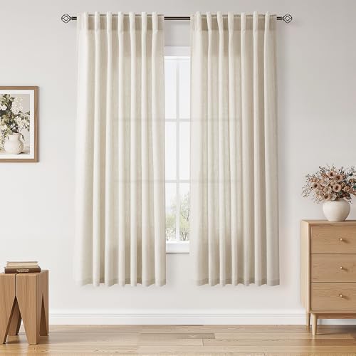 Image of Nanspring Linen Curtains 72 Inch Long for Living Room Back Tab Warm Beige