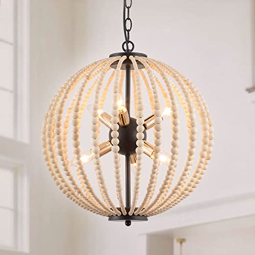 6-Light Boho Wood Beaded Pendant Light Candle Style Globe Chandelier White Finishing for Bedroom, Kitchen Island