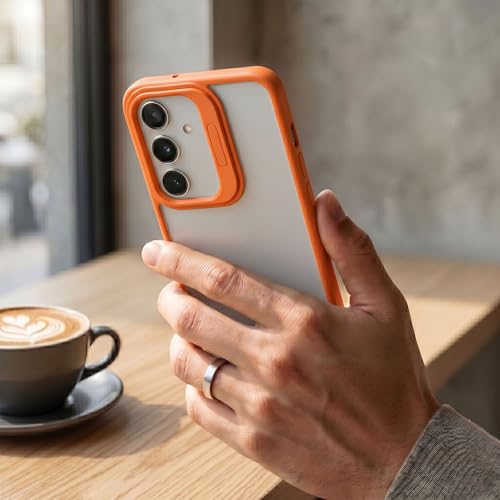 Image of amazon basics Frosted Matte Case for Samsung Galaxy A55 5G | Built-in Flip-Out Camera Lens Stand | Translucent Back with Contrast Orange Bumper | Shockproof Protective Cover with Foldable Kickstand
