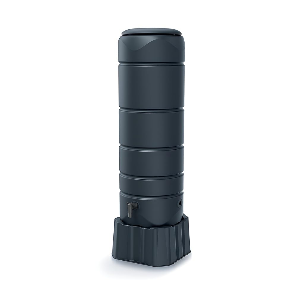Kreher Regentonne Regenwassertank 110 L Kunststoff, Anthrazit | Kompakter Wassertank, 39,6 x 39,6 x 130,5 cm, inklusive Wasserhahn, Standfuß und Deckel, schlanke Bauform für den Garten