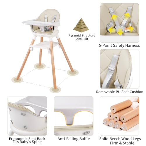 Image of 6 in 1 Baby High Chair, Convertible Wooden High Chairs, Beige | Booster Seat for Babies and Toddlers, Baby Feeding Chair with 5-Point Harness, Double Removable Tray & Adjustable Footrest
