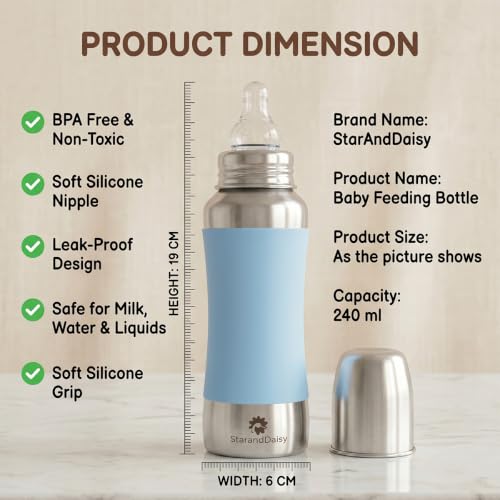 Image of StarAndDaisy Baby Milk Bottle for new Born /Infant /Toddler 240 ML SUS 304 Steel Baby Feeding Bottle for 0+ Months, BPA Free Leakproof, Anti Colic, Easy to Clean (Blue-240 ML)